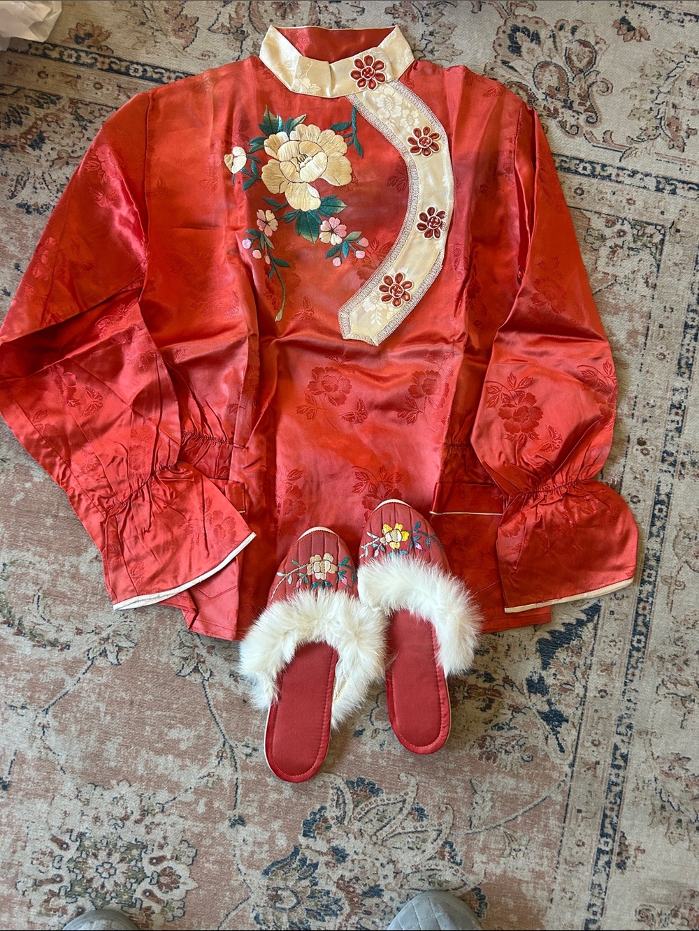 Red Embroidered Satin Mandarin Top with Floral Applique slippers